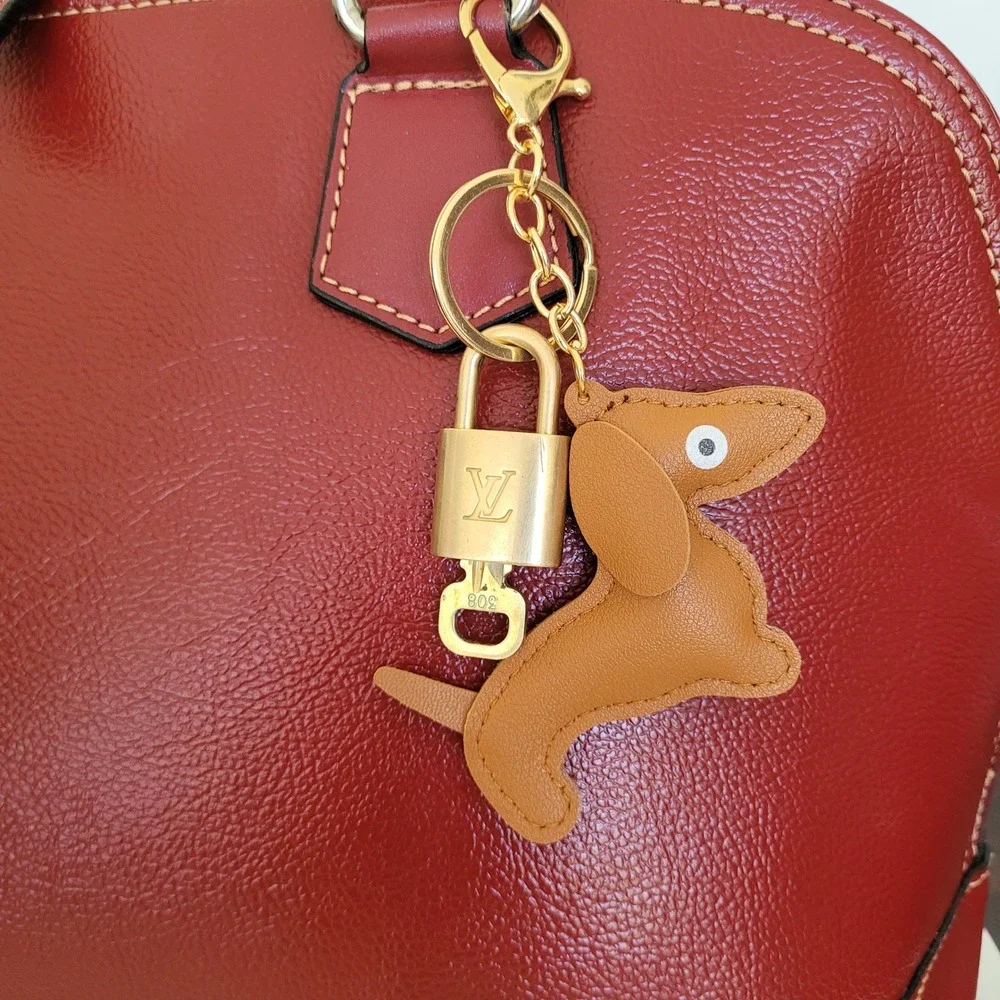 Louis Vuitton Padlock 308 & Leather Dachshund Dog Bag Charm Keychain Gold Brown